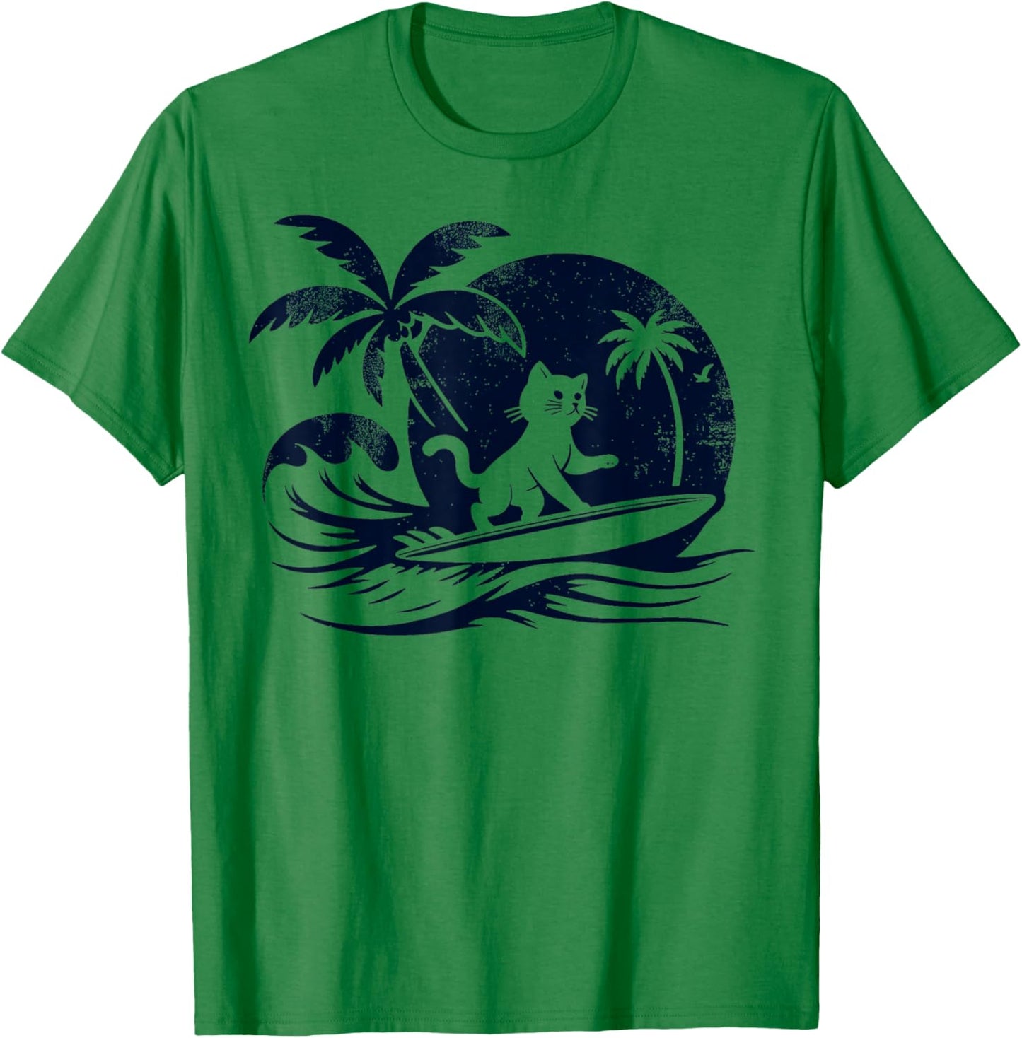 Cat Surfing Wave at Tropical Ocean Vintage Surf T-Shirt - T-Shirt | Irish Green
