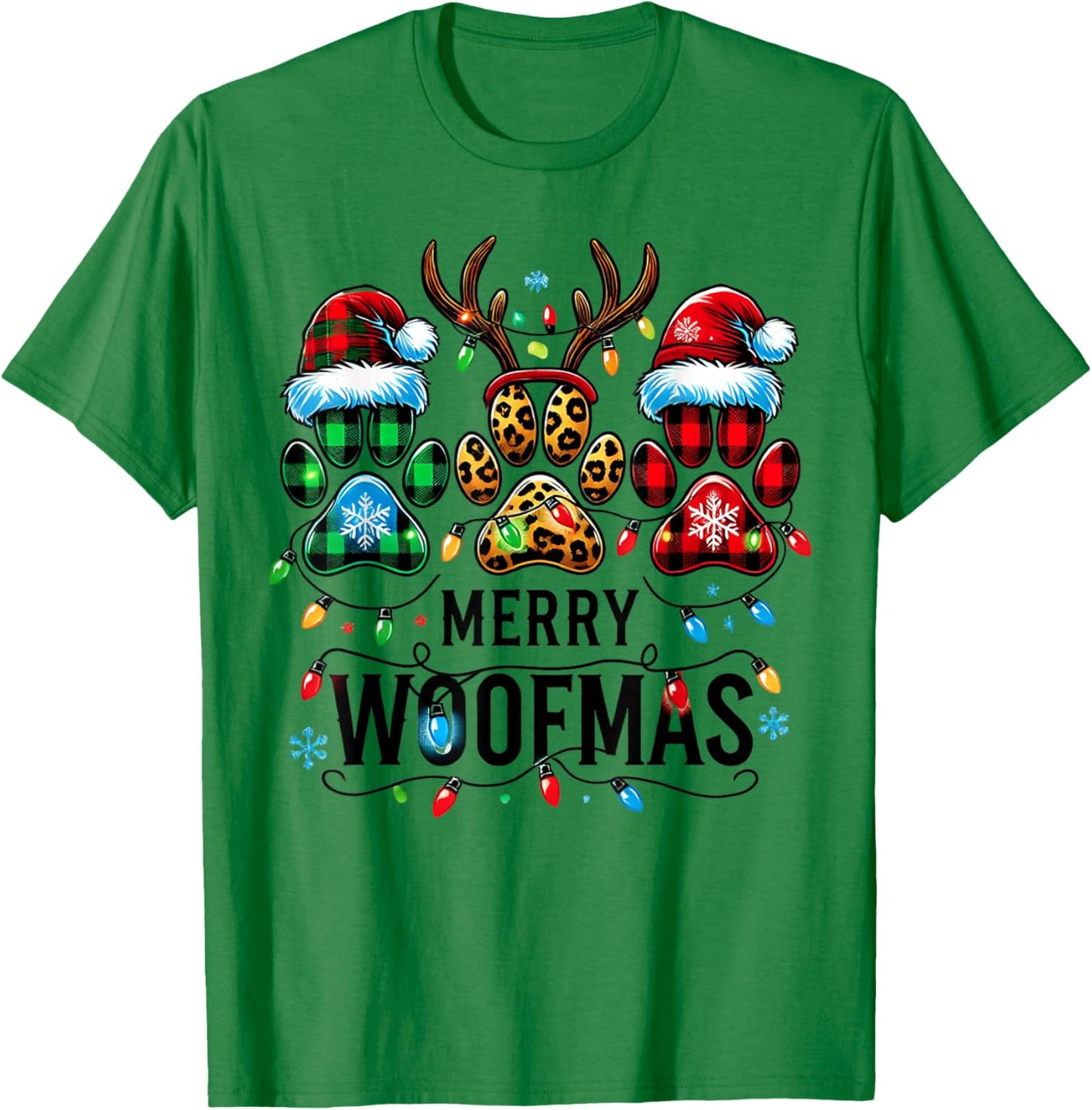 Merry Woofmas Christmas Dog Paws Lights Buffalo Plaid Women T-Shirt - T-Shirt | Irish Green