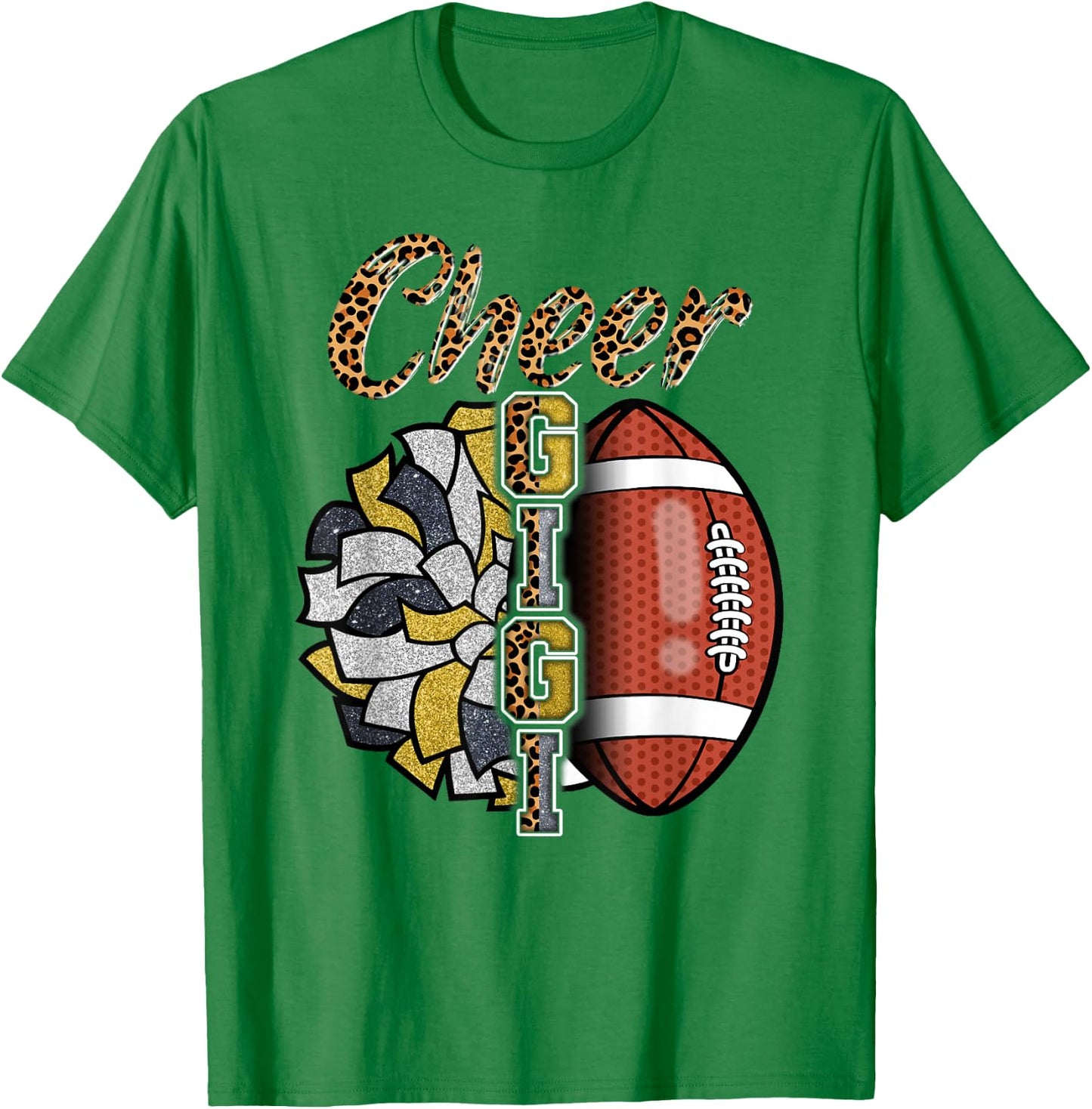Football Cheer Gigi Grandma Gold Black Pom Pom Leopard T-Shirt - T-Shirt | Irish Green