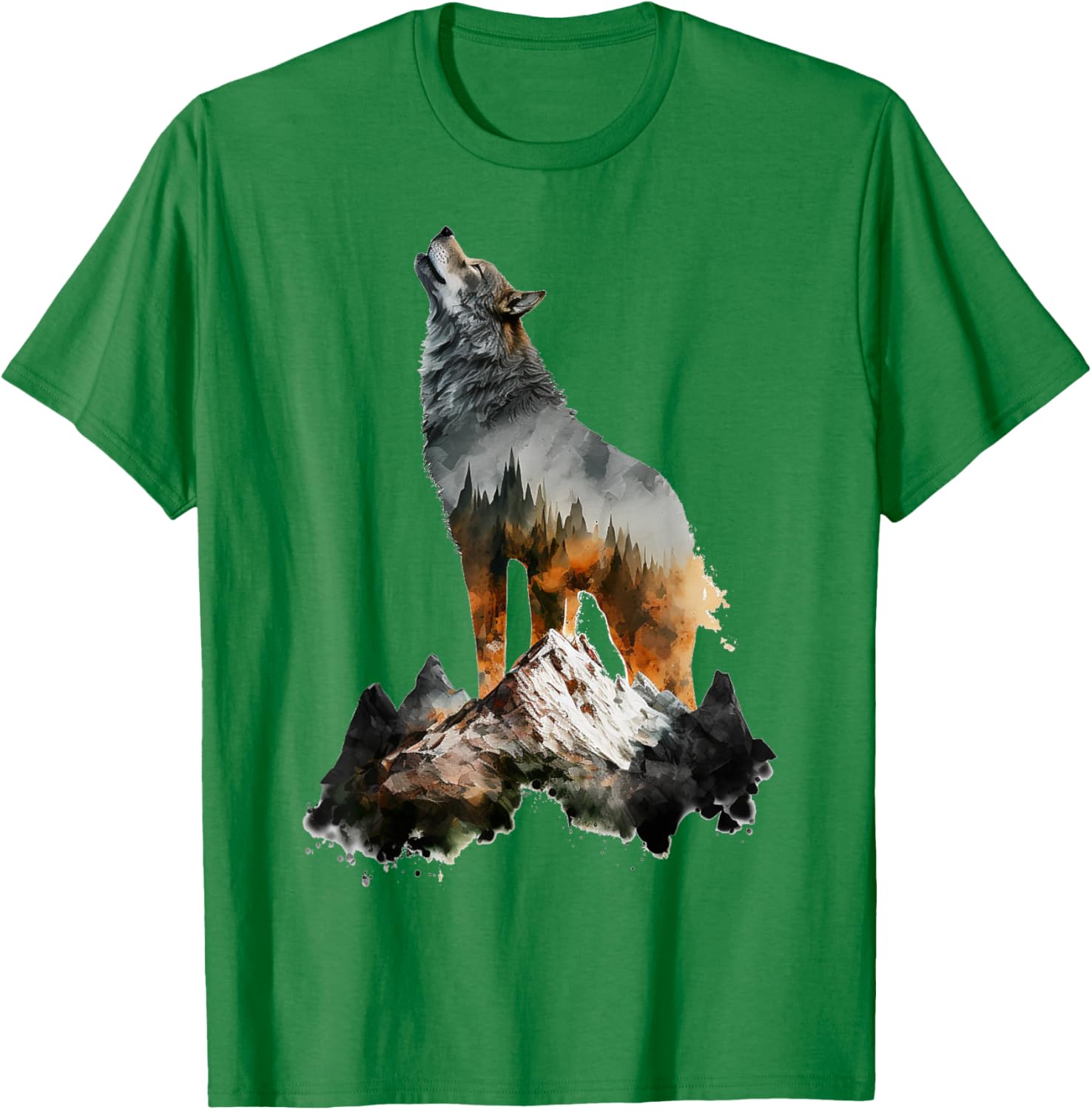 Wolf Howls Mountains Nature Animal Art Animal Lover Wolf T-Shirt - T-Shirt | Irish Green