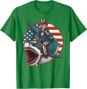Uncle Sam Riding Great White Shark 4th of July Light T-Shirt - T-Shirt | Irish Green