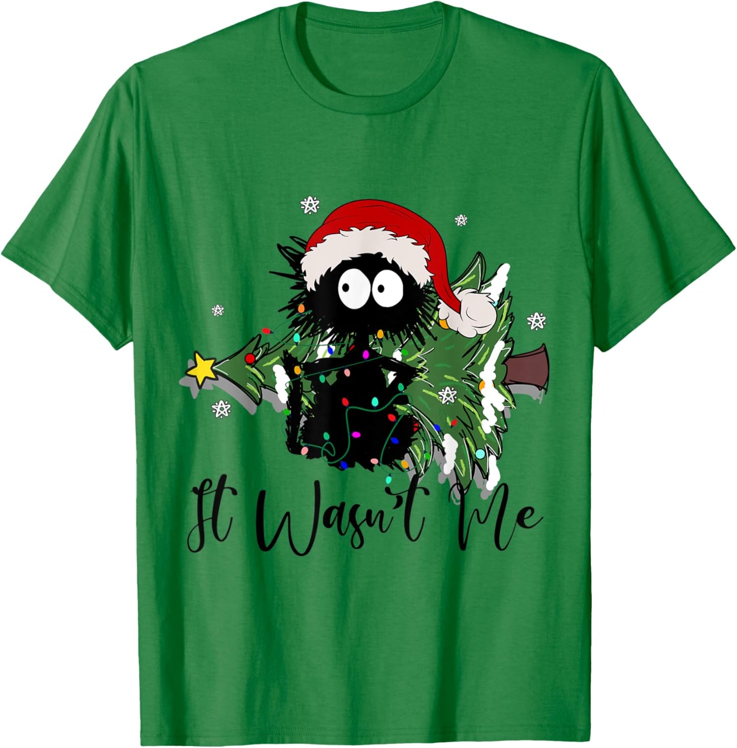 Santa's black cat gets tangled up in Christmas lights T-Shirt - T-Shirt | Irish Green