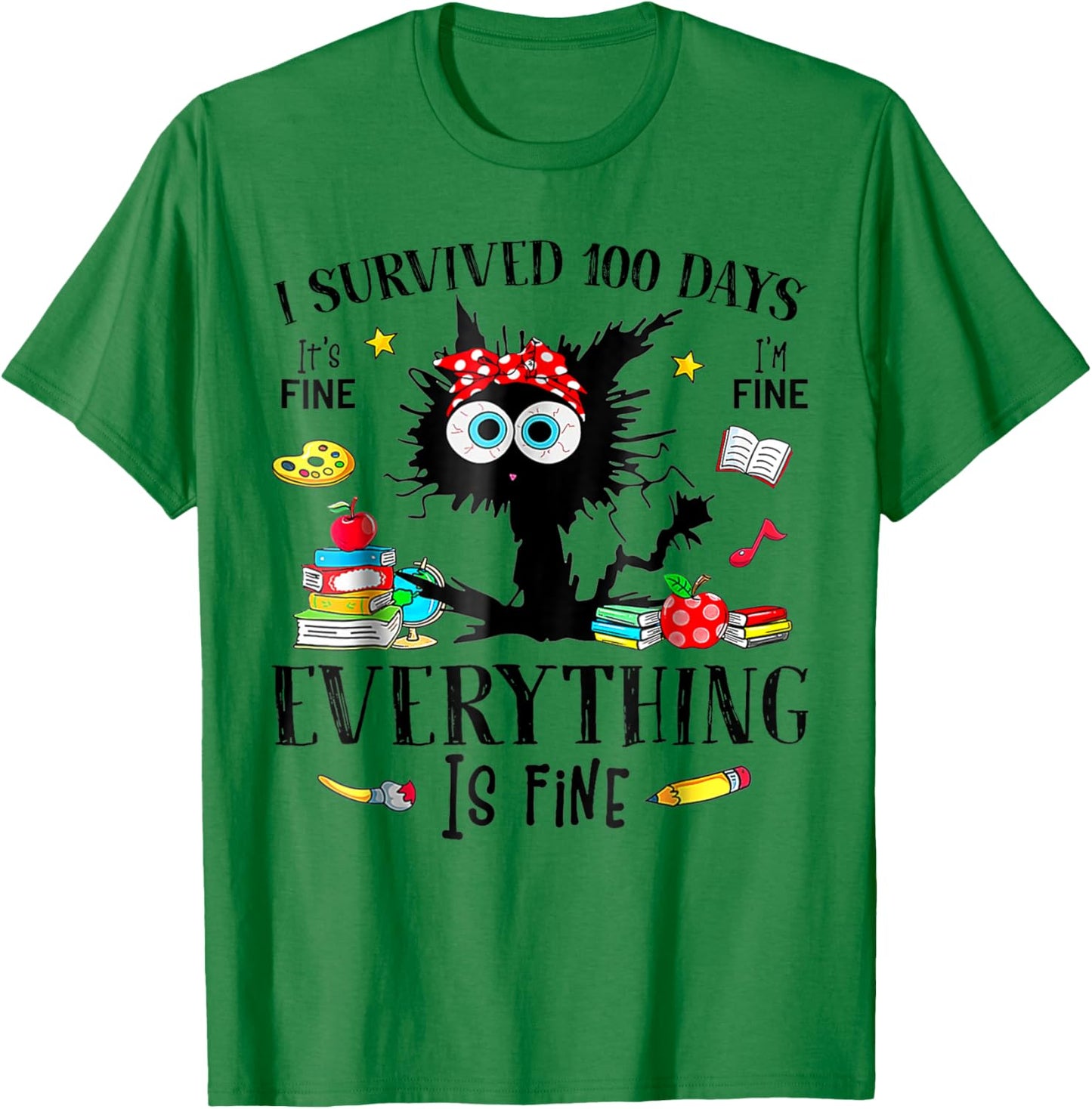 I Survived 100 Days Of School Teacher & Kids Funny Cat T-Shirt - T-Shirt | Irish Green