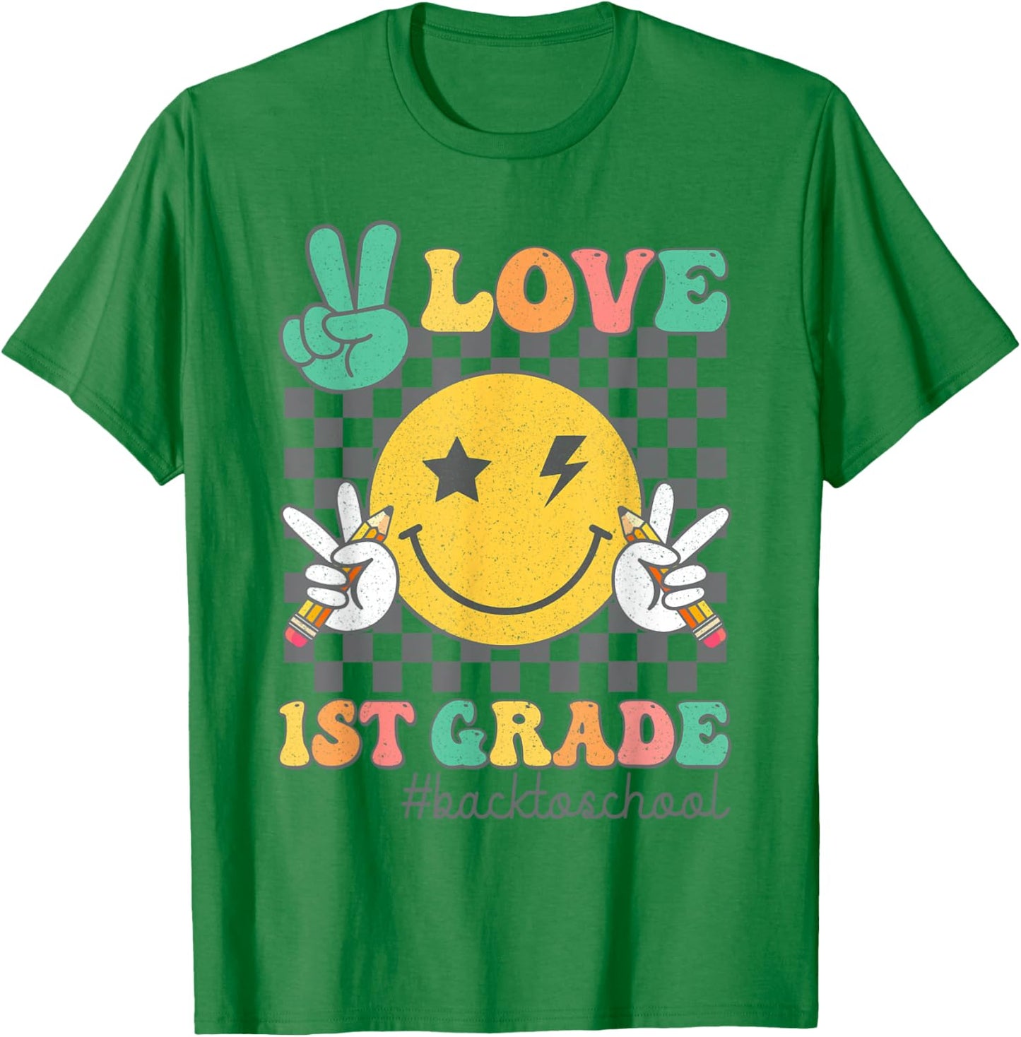 Peace Love 1st Grade Smile Face Back To School First Grade T-Shirt - T-Shirt | Irish Green