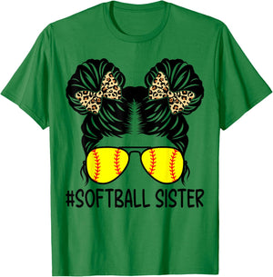 Softball Sister Leopard Messy Bun Softball Sister T-Shirt - T-Shirt | Irish Green