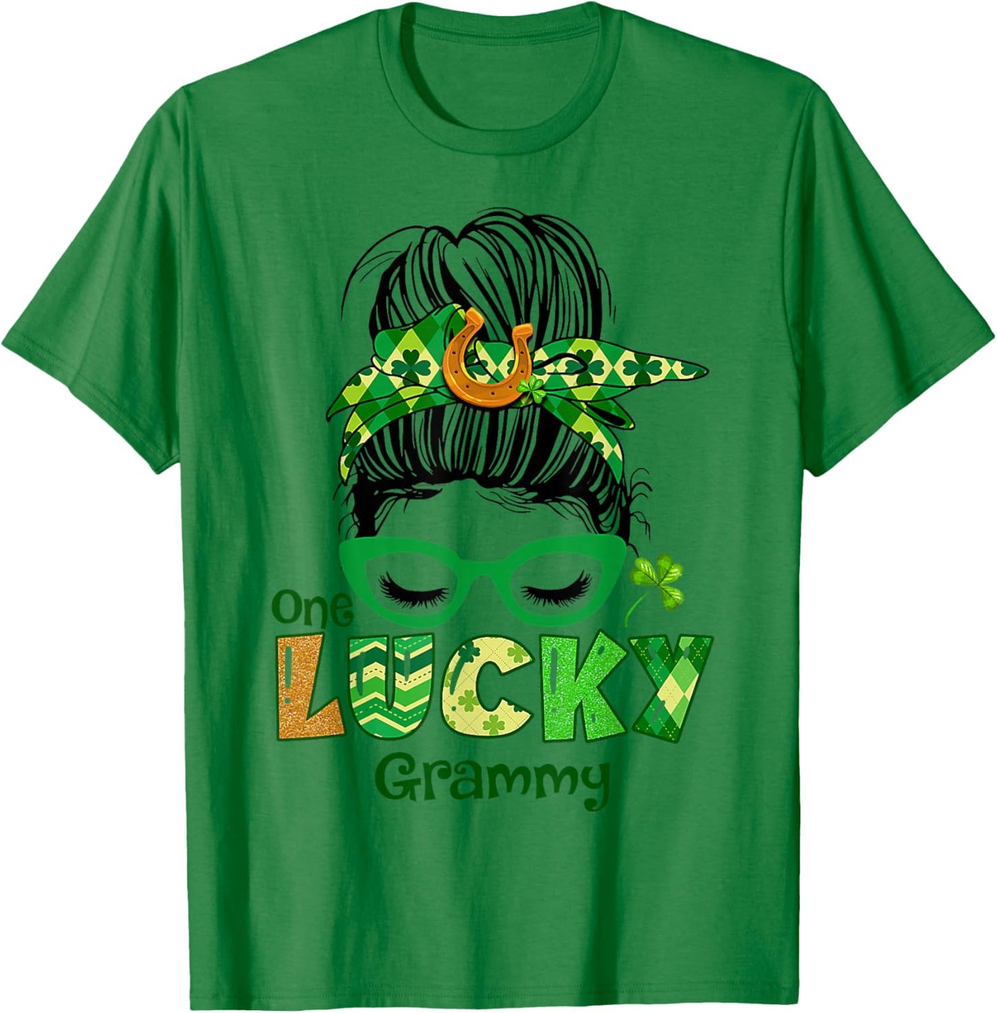 One Lucky Grammy Messy Bun Leopard St Patricks Day Shamrock T-Shirt - T-Shirt | Irish Green