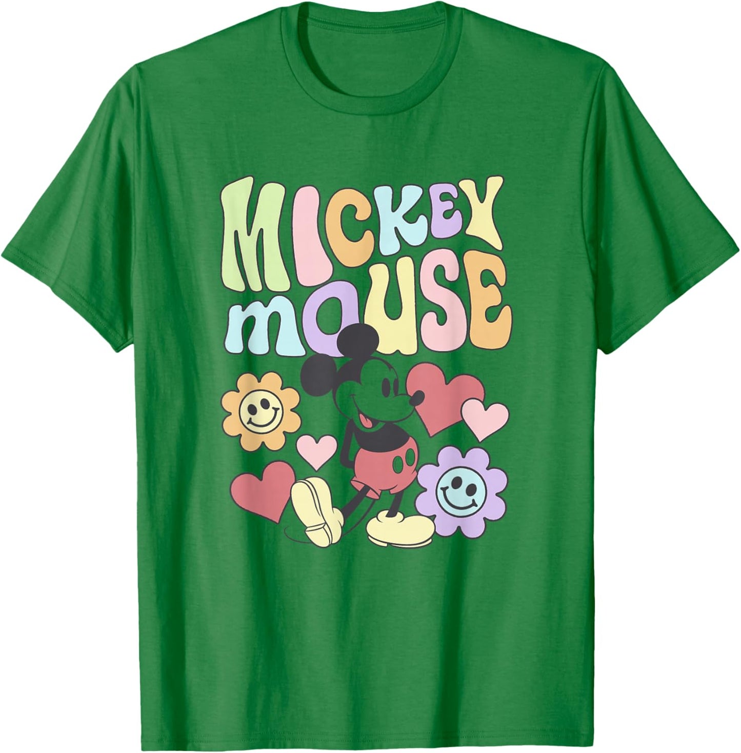 Disney Mickey and Friends Groovy 70's Retro Floral Text Icon T-Shirt - T-Shirt | Irish Green