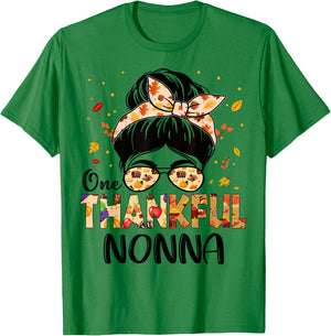 Nonna One Thankful Messy Bun Grandma Thanksgiving Autumn T-Shirt - T-Shirt | Irish Green