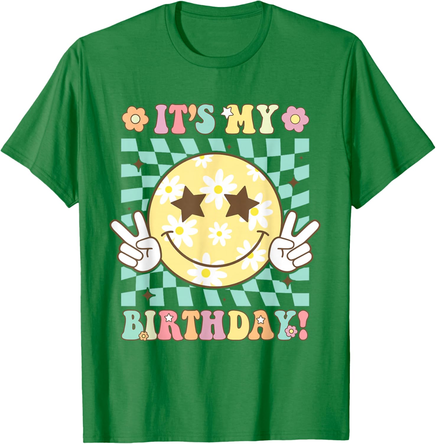 Groovy It's My Birthday Women Teens Girls Retro Smile Face T-Shirt - T-Shirt | Irish Green