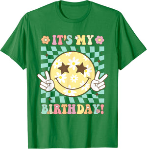 Groovy It's My Birthday Women Teens Girls Retro Smile Face T-Shirt - T-Shirt | Irish Green