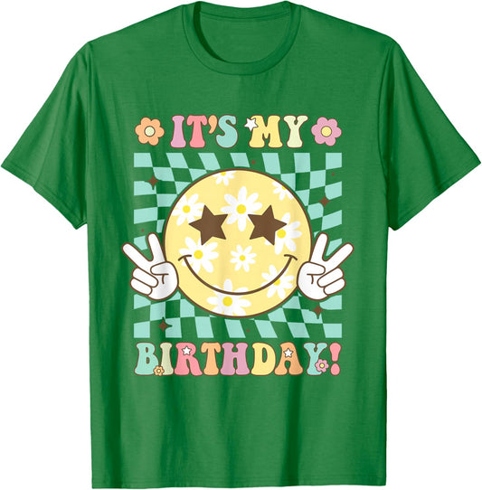 Groovy It's My Birthday Women Teens Girls Retro Smile Face T-Shirt - T-Shirt | Irish Green