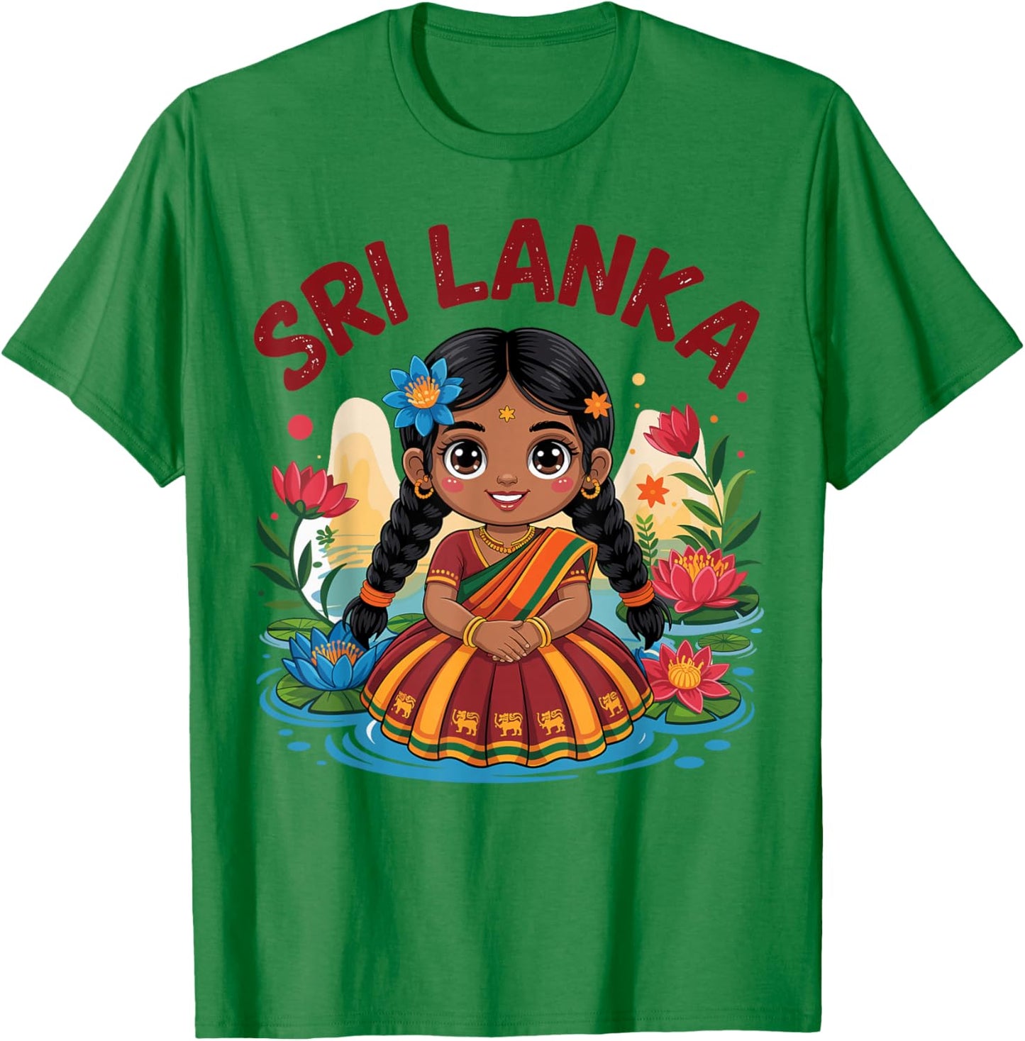 Sri Lankan Girl in Traditional Dress with Lotus Flowers Kids T-Shirt - T-Shirt | Irish Green