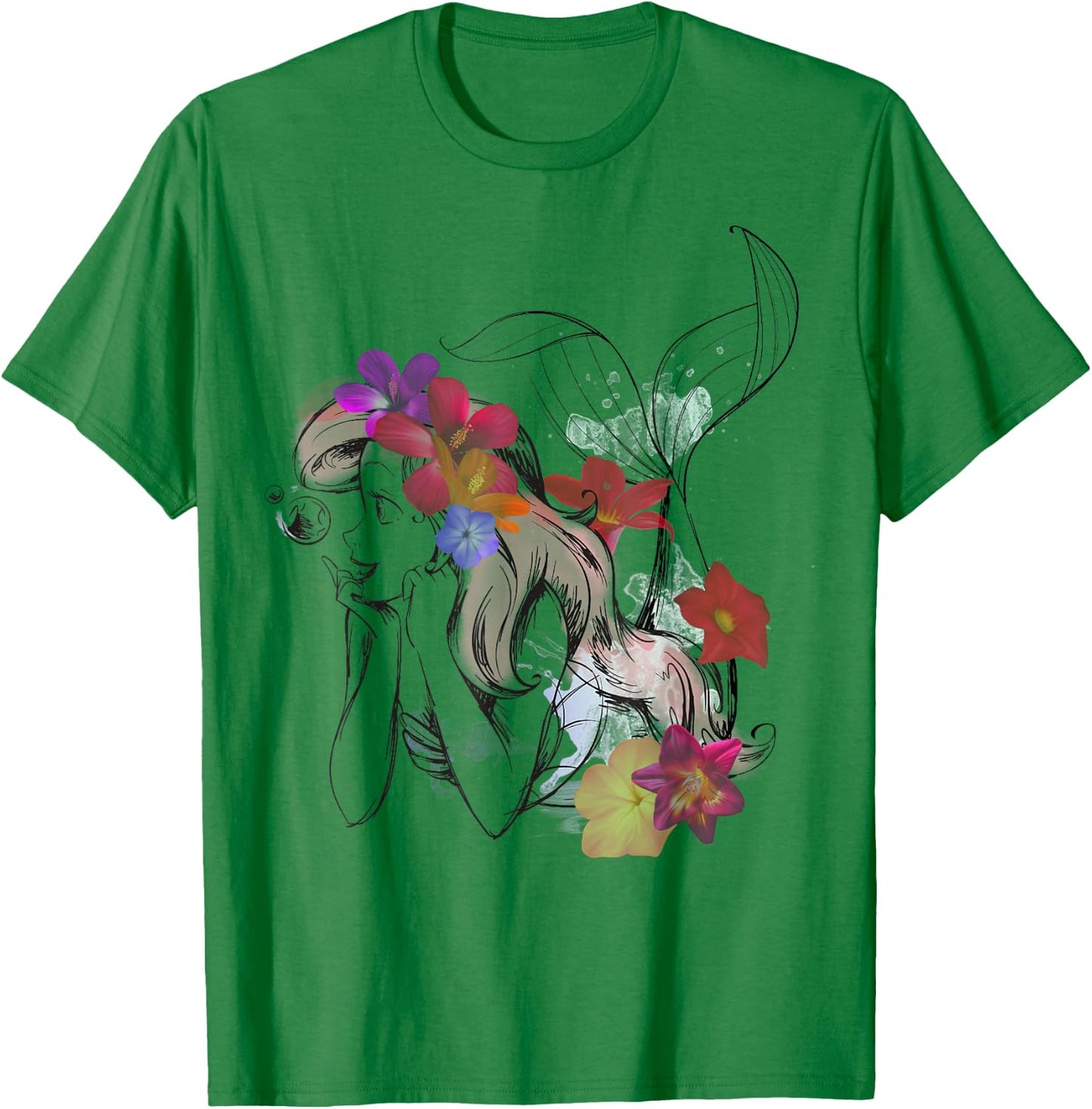 Disney The Little Mermaid Floral Watercolor Outline T-Shirt - T-Shirt | Irish Green