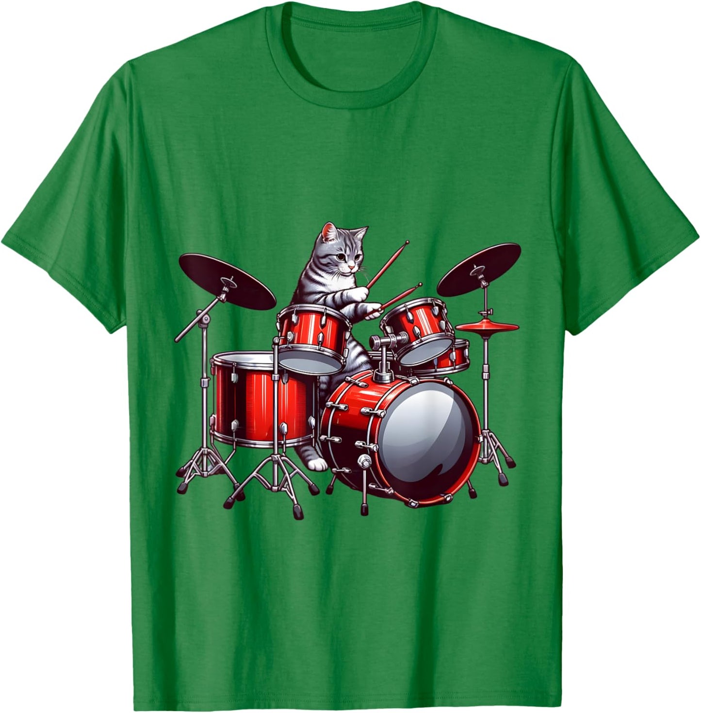 Cat Playing Drums Funny Percussionist Drummer Cat Graphic T-Shirt - T-Shirt | Irish Green