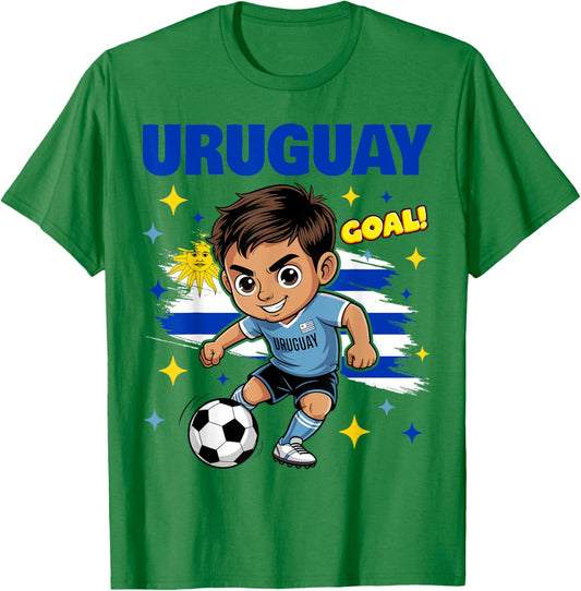 Uruguay Kid Goal Cartoon Uruguay Flag for Kids T-Shirt - T-Shirt | Irish Green