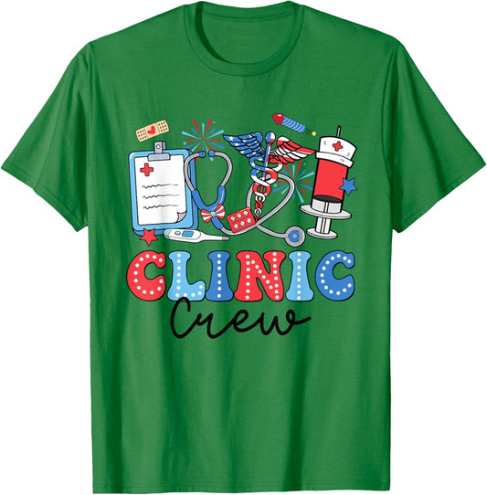 Retro Clinic Crew American Flag Fireworks Nurse 4th Of July T-Shirt - T-Shirt | Irish Green