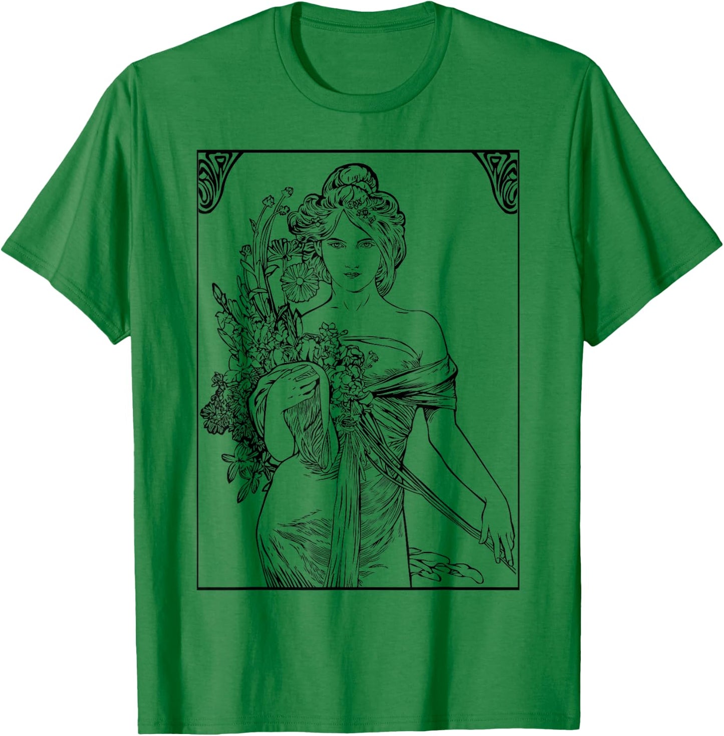 Art Nouveau Girl Holding Wild Flowers T-Shirt - T-Shirt | Irish Green