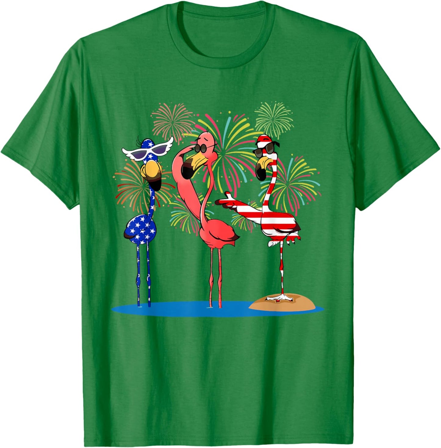 Flamingos And Fireworks Red White Blue 4th Of July American T-Shirt - T-Shirt | Irish Green