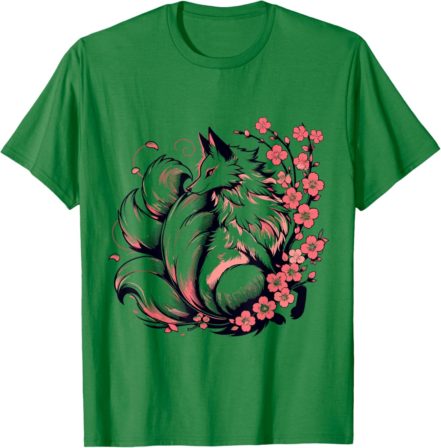 Retro Japanese Kitsune Nine Tailed Fox Cherry Blossom Anime T-Shirt - T-Shirt | Irish Green