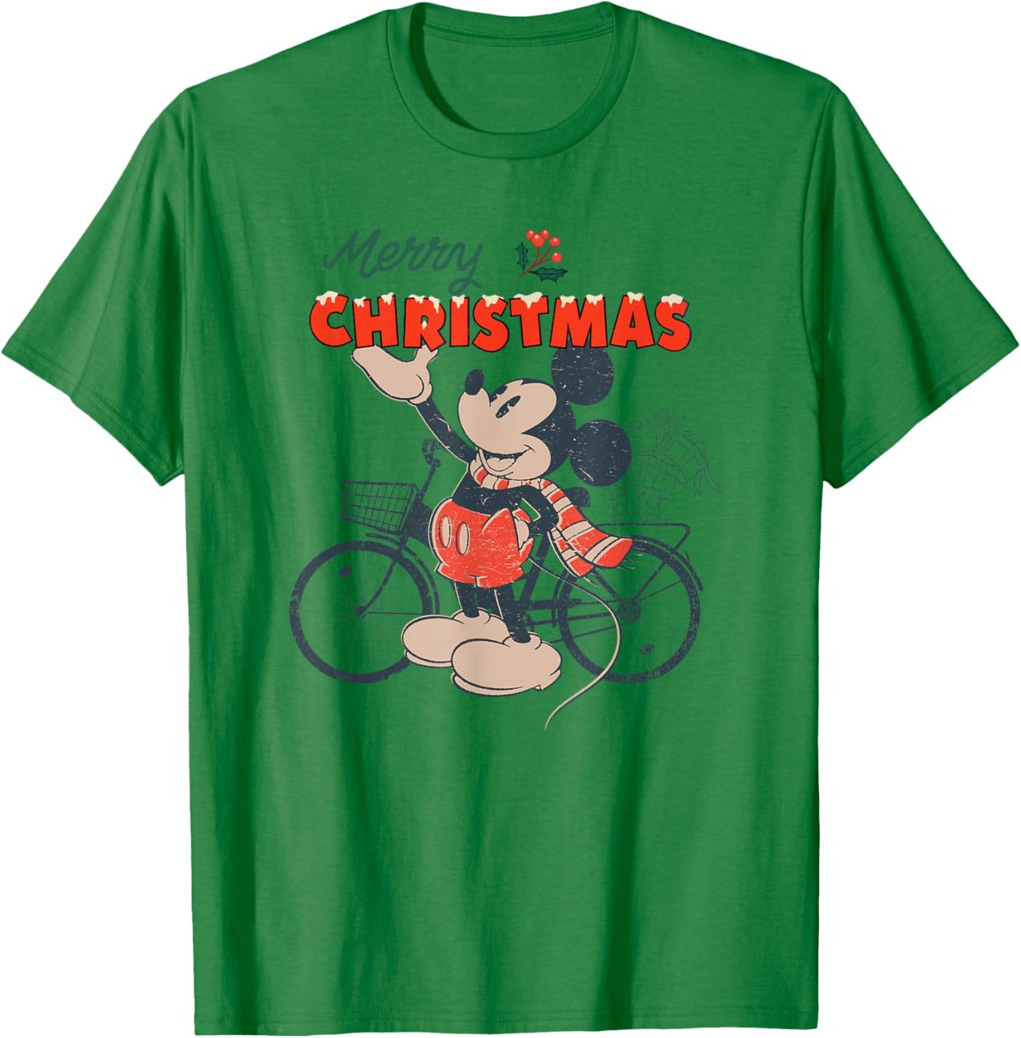 Disney Mickey Mouse Merry Christmas Bicycle Retro Distressed T-Shirt - T-Shirt | Irish Green
