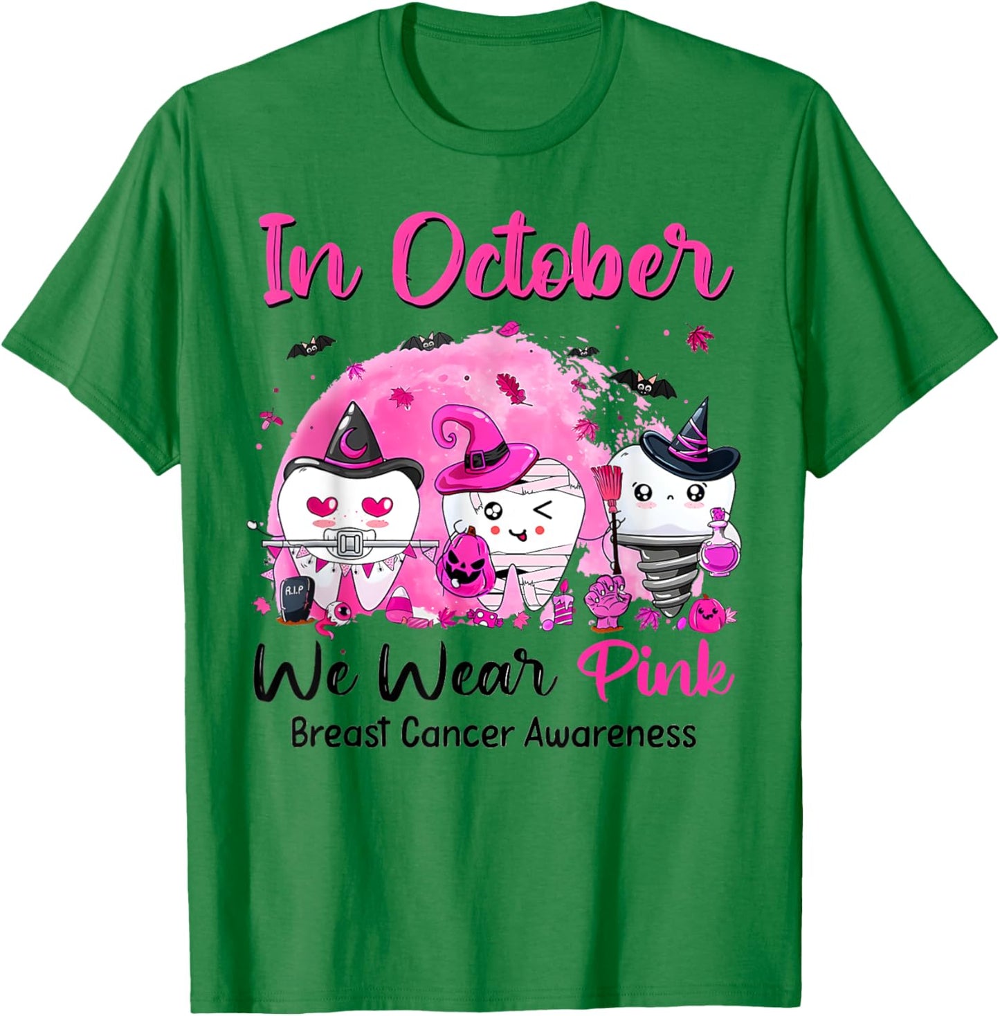 In October we Wear Pink Breast Cancer Leopard Dentist Dental T-Shirt - T-Shirt | Irish Green