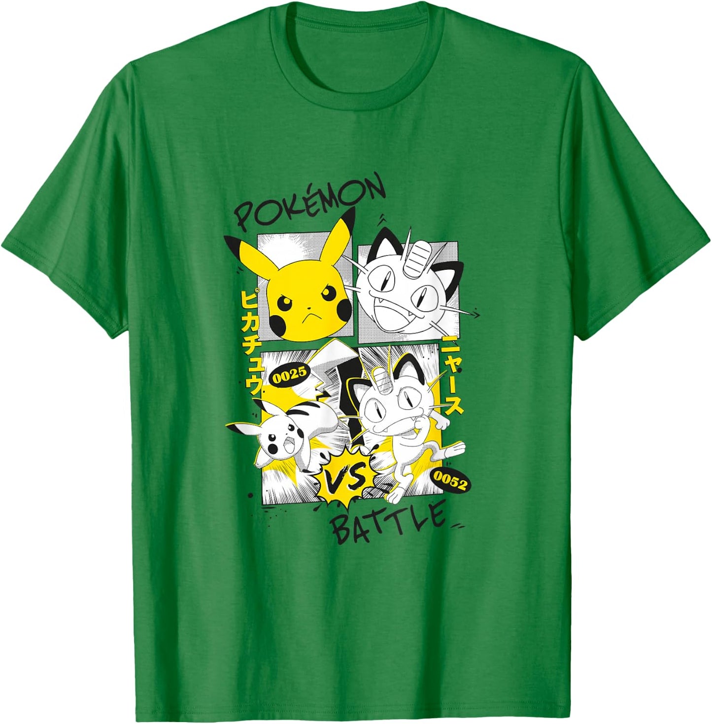 Pokémon Pikachu Vs Meowth Retro Panels Kanji Big Chest T-Shirt - T-Shirt | Irish Green