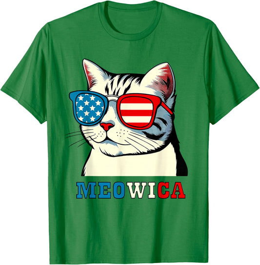 Meowica 4th of July Cat Sunglasses American USA Flag Cat T-Shirt - T-Shirt | Irish Green