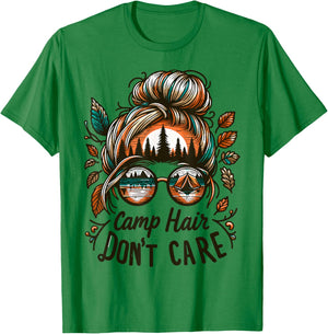 Camp Hair Don't Care Messy Bun Funny Camping Camper Women T-Shirt - T-Shirt | Irish Green