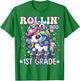 1st Grade Back To School First Day Girls Rollin Unicorn T-Shirt - T-Shirt | Irish Green