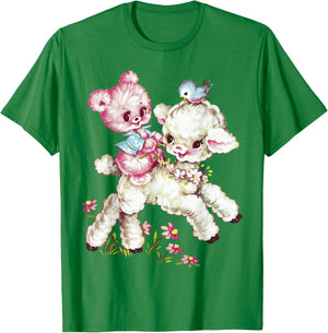 Vintage Easter Cute Lamb Bear Spring Flowers Retro Vintage T-Shirt - T-Shirt | Irish Green