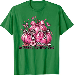 Coquette Bow Pumpkin In October We Wear Pink Breast Cancer T-Shirt - T-Shirt | Irish Green