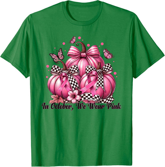 Coquette Bow Pumpkin In October We Wear Pink Breast Cancer T-Shirt - T-Shirt | Irish Green