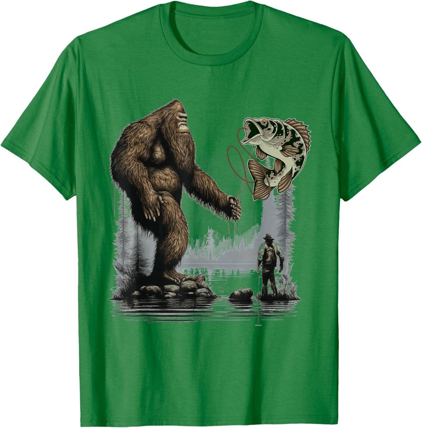 Bigfoot Fishing Funny Sasquatch Fish T-Shirt - T-Shirt | Irish Green