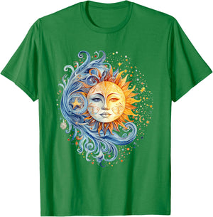 Mystical Sun and Moon with Woman Mystical Flowers Aesthetic T-Shirt - T-Shirt | Irish Green