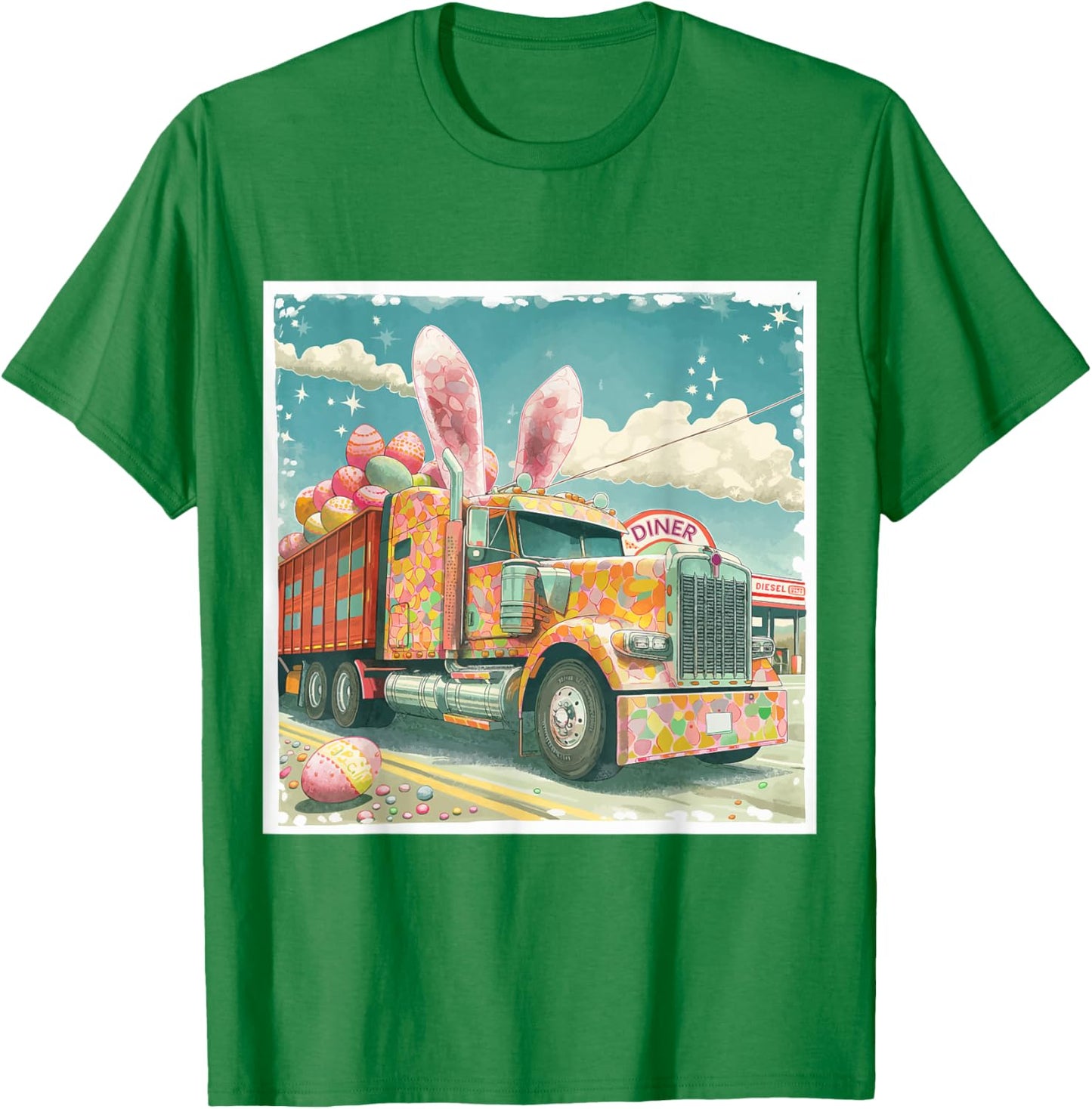 Semi Truck Lover's Easter Bunny, Retro Art T-Shirt - T-Shirt | Irish Green