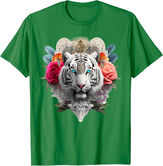 Tiger Flowers Blue Eyes Animal Print Art Tiger T-Shirt - T-Shirt | Irish Green