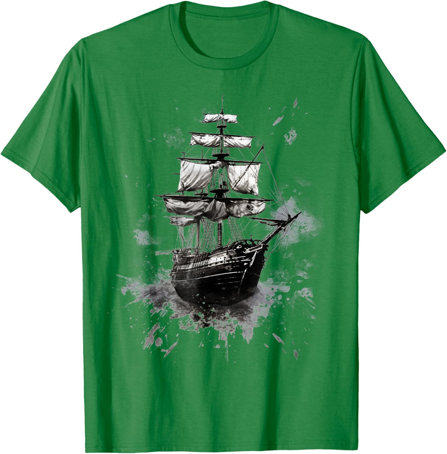 Pirate Ship Sailing Grunge Hand Painted Pirate Ship T-Shirt - T-Shirt | Irish Green