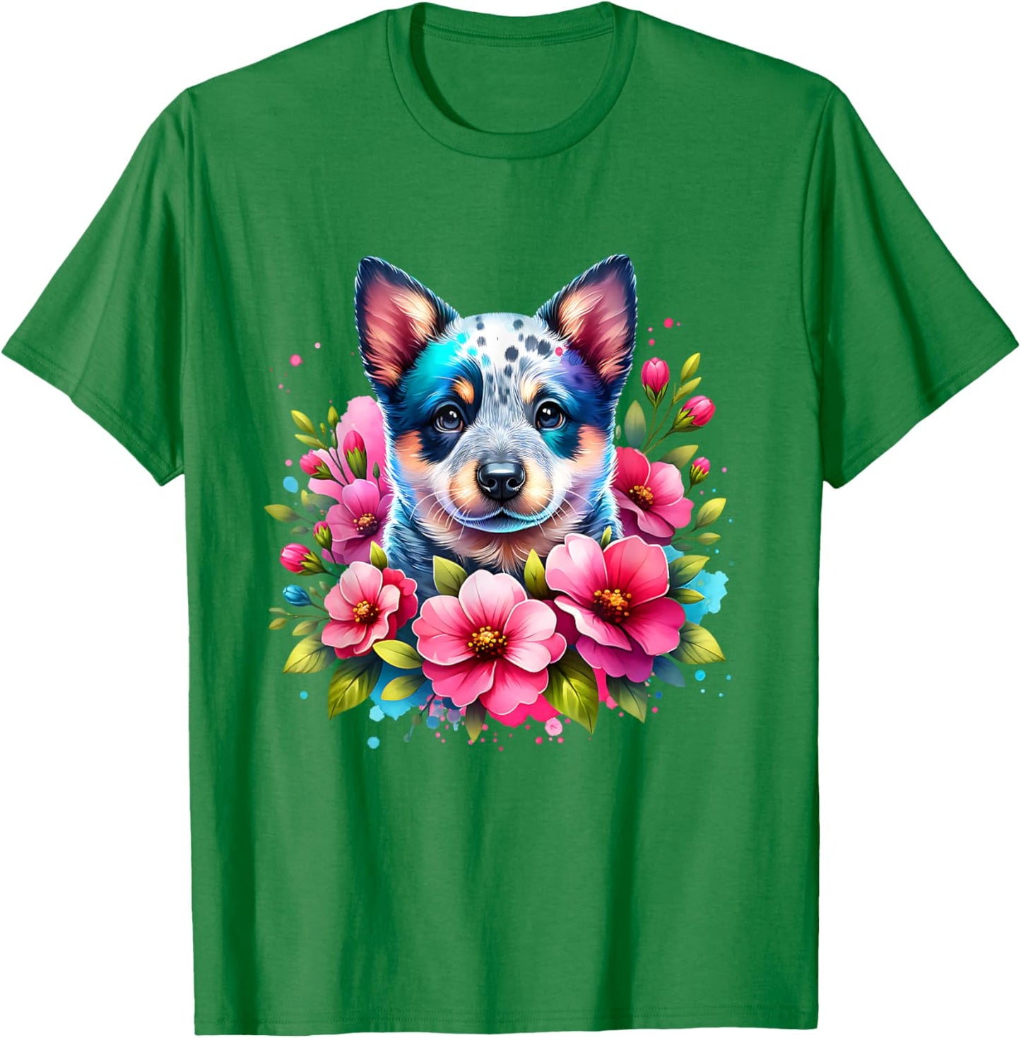 Watercolor Blue Heeler Mom Pink Flower Australian Cattle Dog T-Shirt - T-Shirt | Irish Green