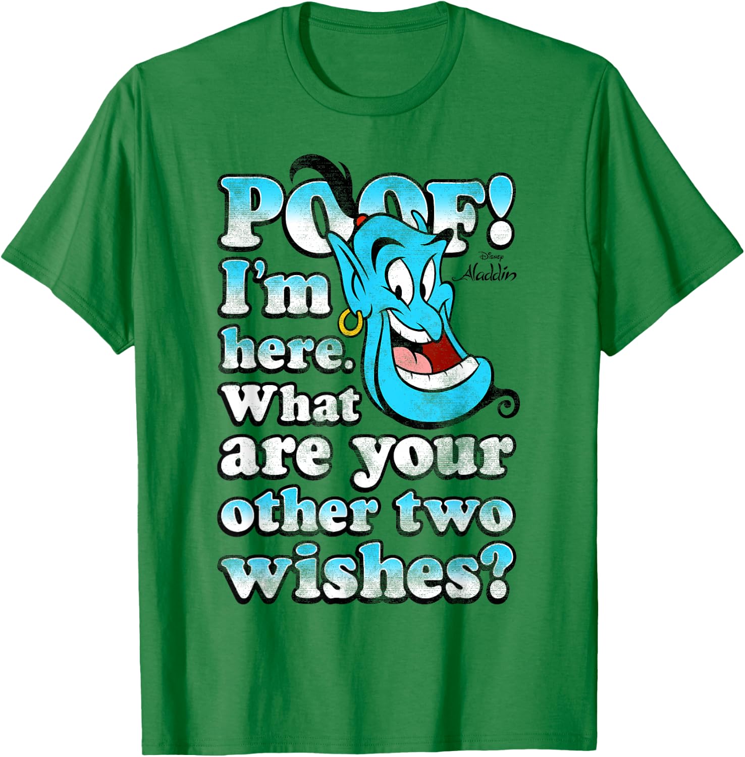 Disney Aladdin Genie Poof! 2 Wishes Gradient Text Portrait T-Shirt - T-Shirt | Irish Green