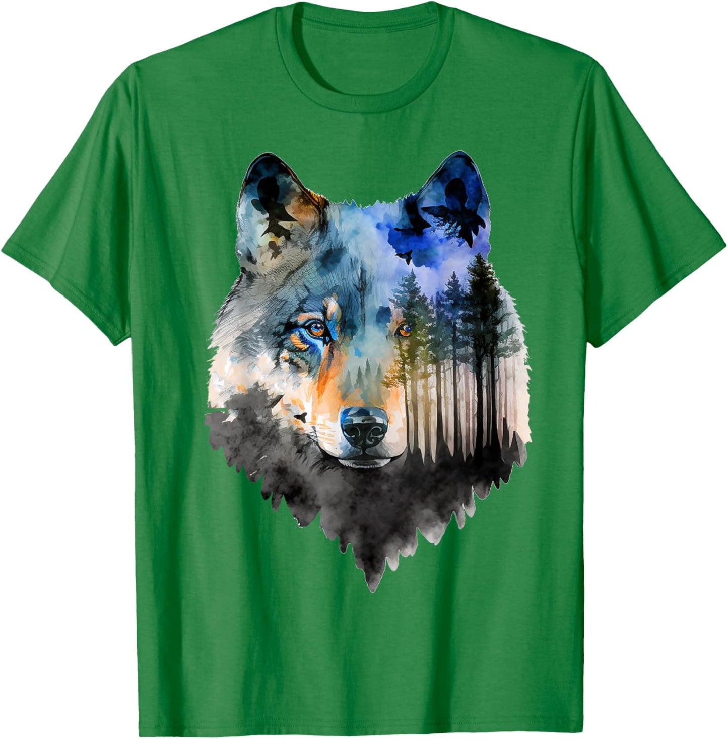 Wolf Forest Landscape Animal Face Art Animal Lover Wolf T-Shirt - T-Shirt | Irish Green