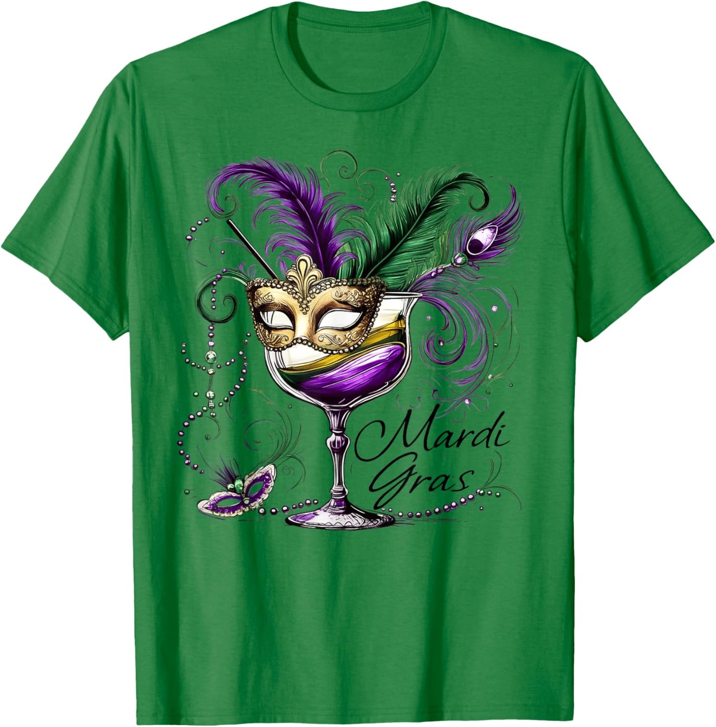 Mardi Gras Glass Of Wine Drinking Team Masked Wine Festival T-Shirt - T-Shirt | Irish Green