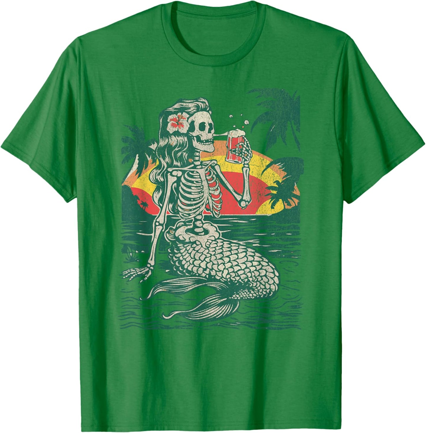Skeleton Mermaid Drinking at Sunset Retro T-Shirt - T-Shirt | Irish Green