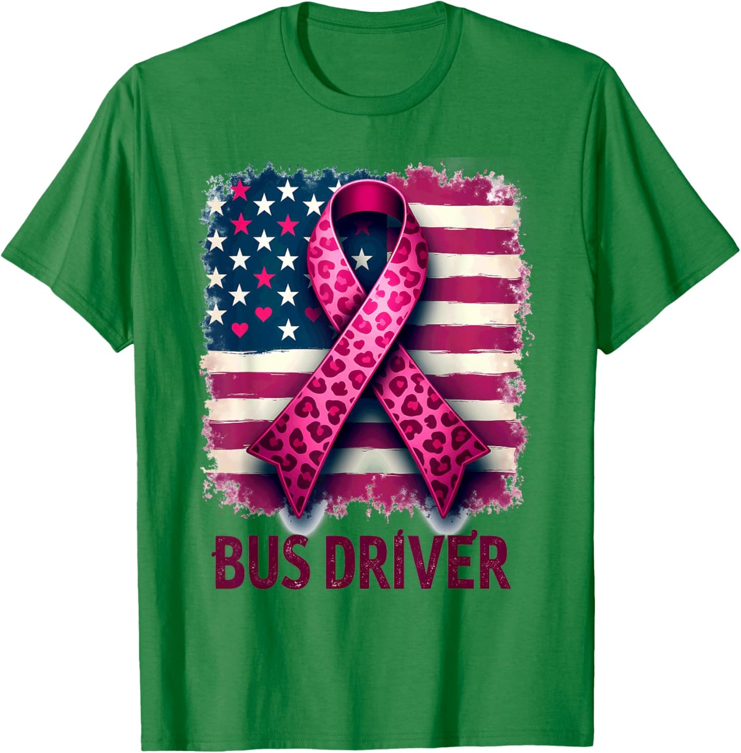 Bus Driver US Flag Pink Ribbon Breast Cancer Awareness T-Shirt - T-Shirt | Irish Green