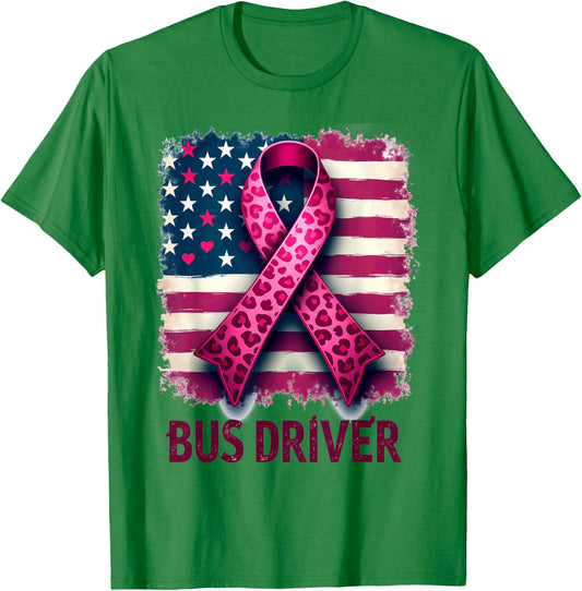 Bus Driver US Flag Pink Ribbon Breast Cancer Awareness T-Shirt - T-Shirt | Irish Green