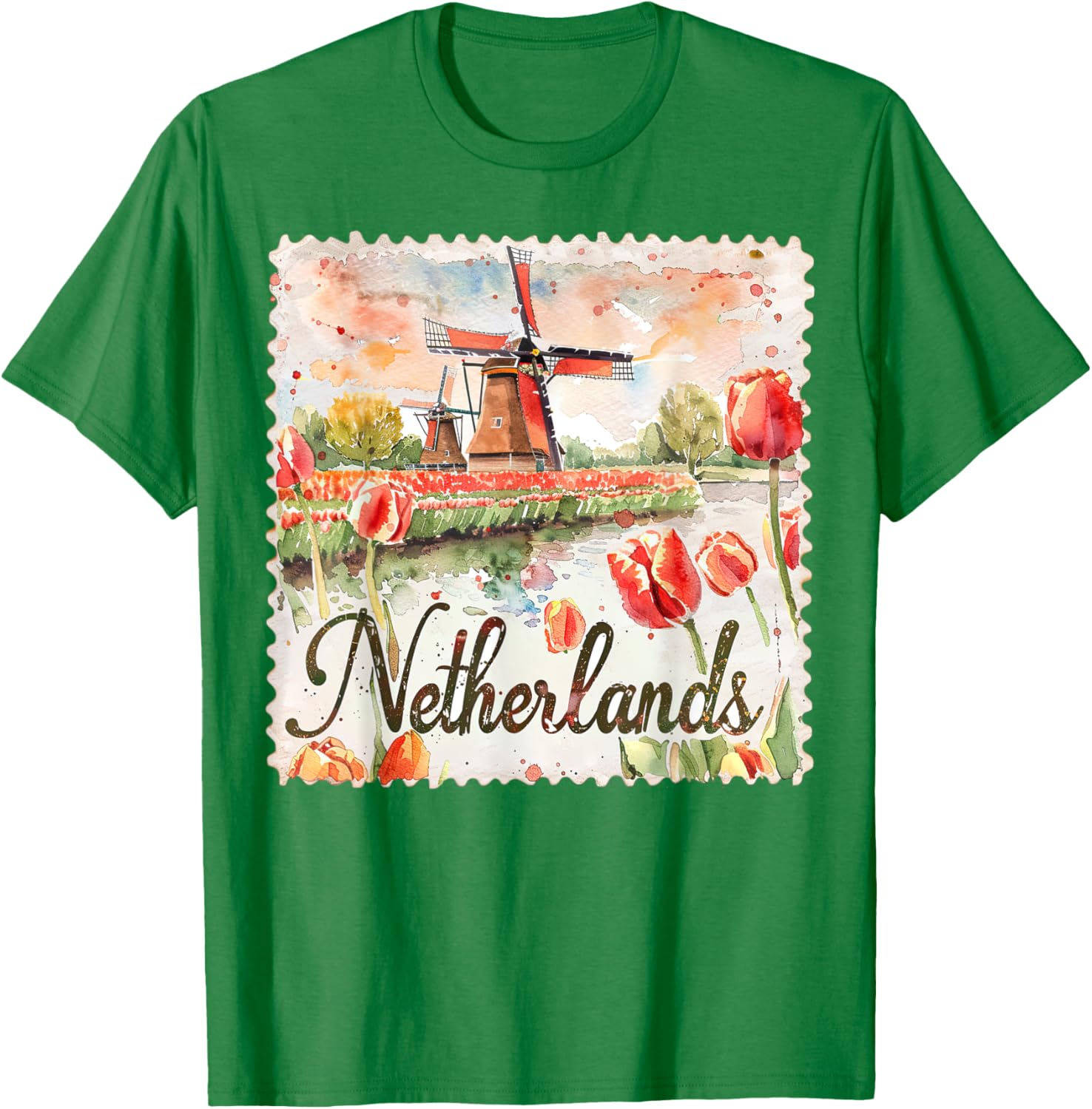 Netherlands Watercolor Windmill Tulips Travel Souvenir T-Shirt - T-Shirt | Irish Green