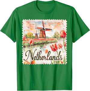 Netherlands Watercolor Windmill Tulips Travel Souvenir T-Shirt - T-Shirt | Irish Green