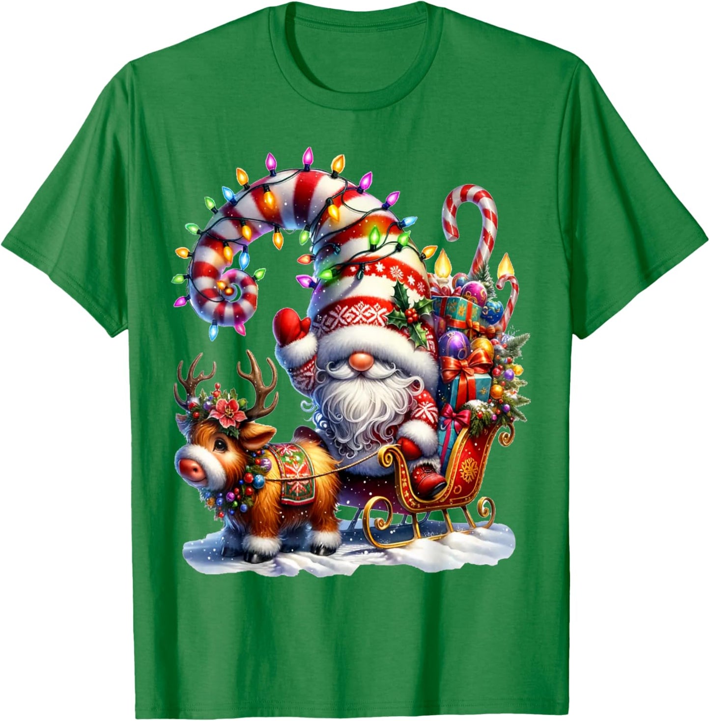 Christmas Light Gnome Santa Claus Riding Sleigh Highland Cow T-Shirt - T-Shirt | Irish Green