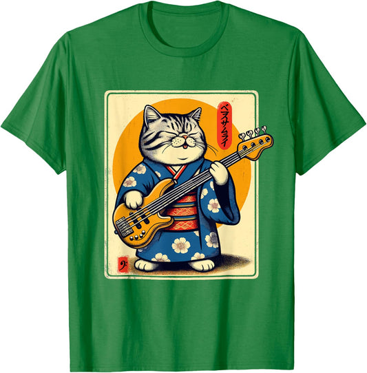 Japanese Samurai Cat Playing Bass T-Shirt - T-Shirt | Irish Green