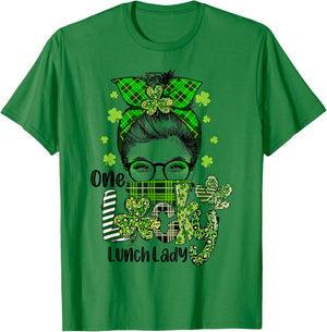 Shamrock One Lucky Lunch Lady Messy Bun Funny St Patrick Day T-Shirt - T-Shirt | Irish Green