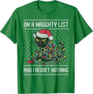 On a naughty list and I regret nothing, cat Christmas lights T-Shirt - T-Shirt | Irish Green